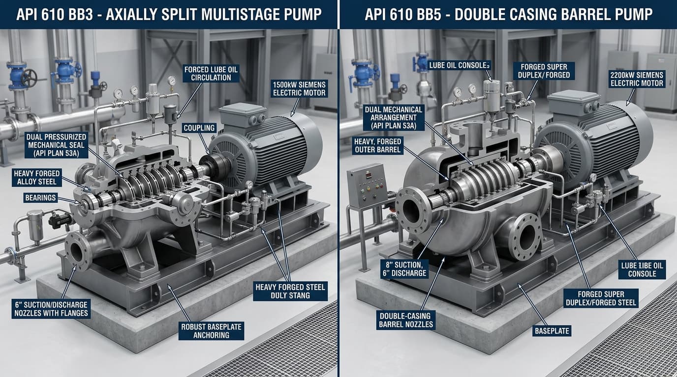 3D CAD comparison of API 610 BB3 axially-split and BB5 double-casing barrel boiler feed pumps
