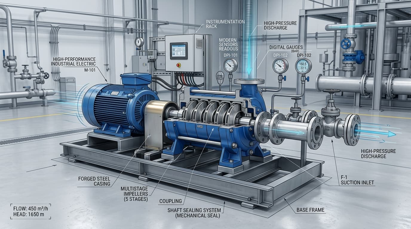 Industrial multistage boiler feed pump skid with cutaway showing impellers, mechanical seals, and piping
