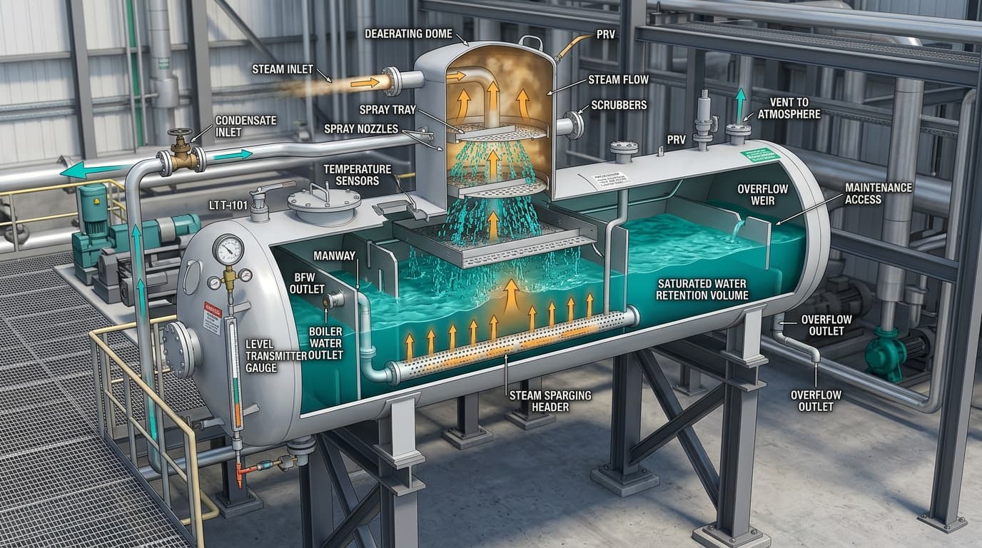 Cutaway technical diagram of horizontal boiler feed tank and deaerator vessel