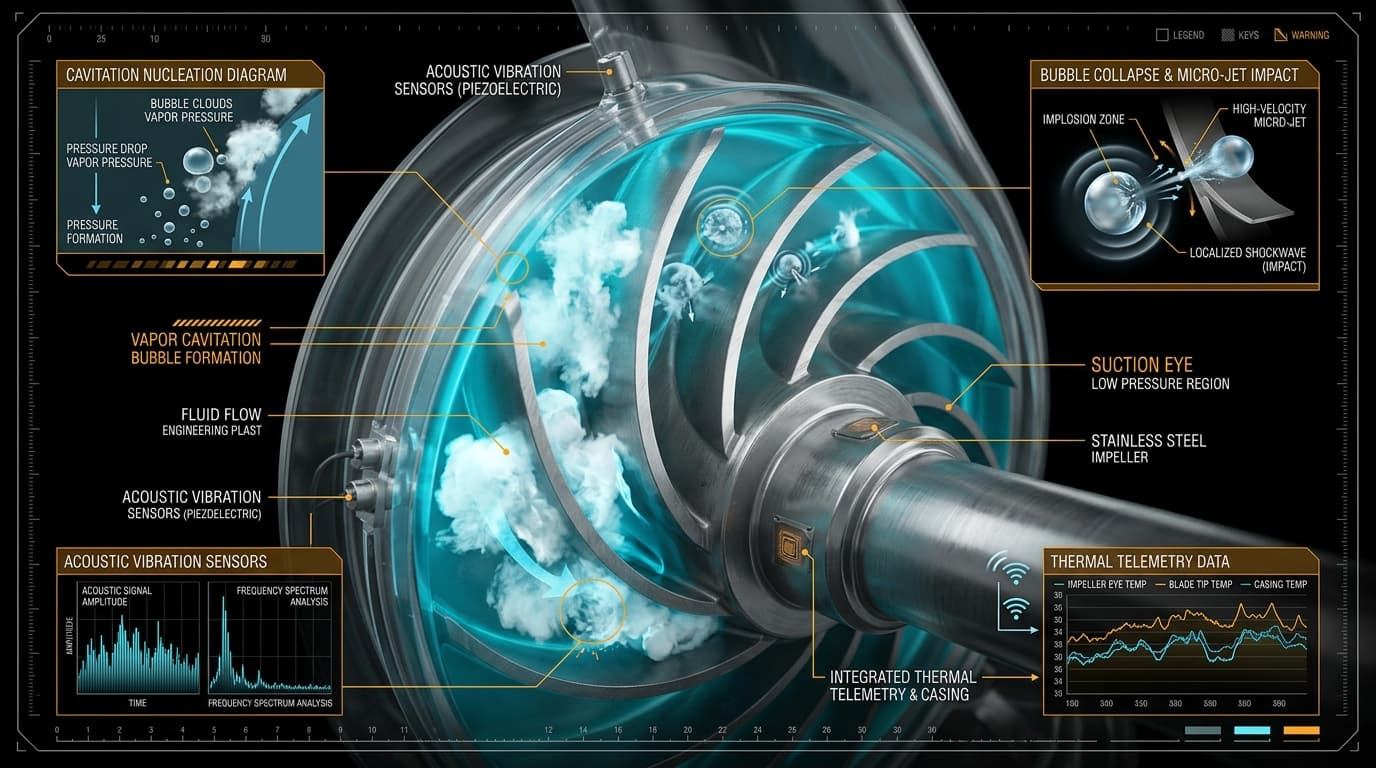 Close-up technical visualization of hydraulic cavitation inside centrifugal pump impeller with acoustic telemetry